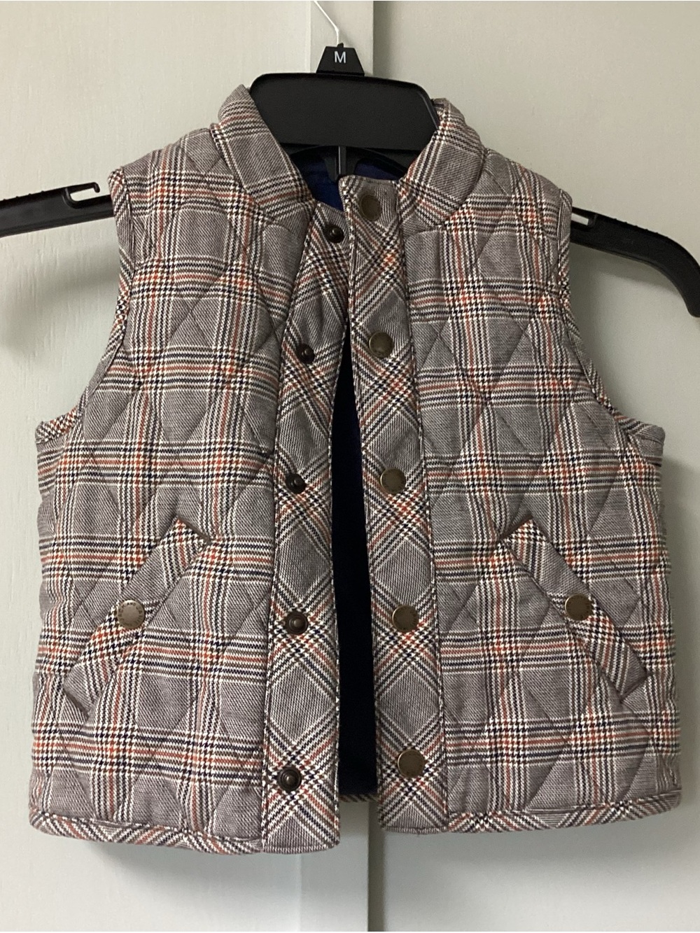 Janie and Jack Boys Size 2T Brown Plaid Puffer Vest Quilted Snap Front